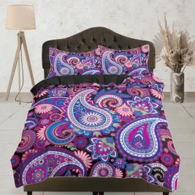 Colorful paisley purple duvet cover set, aesthetic room decor bedding set full, king, queen size, abstract boho bedspread, luxury bed cover