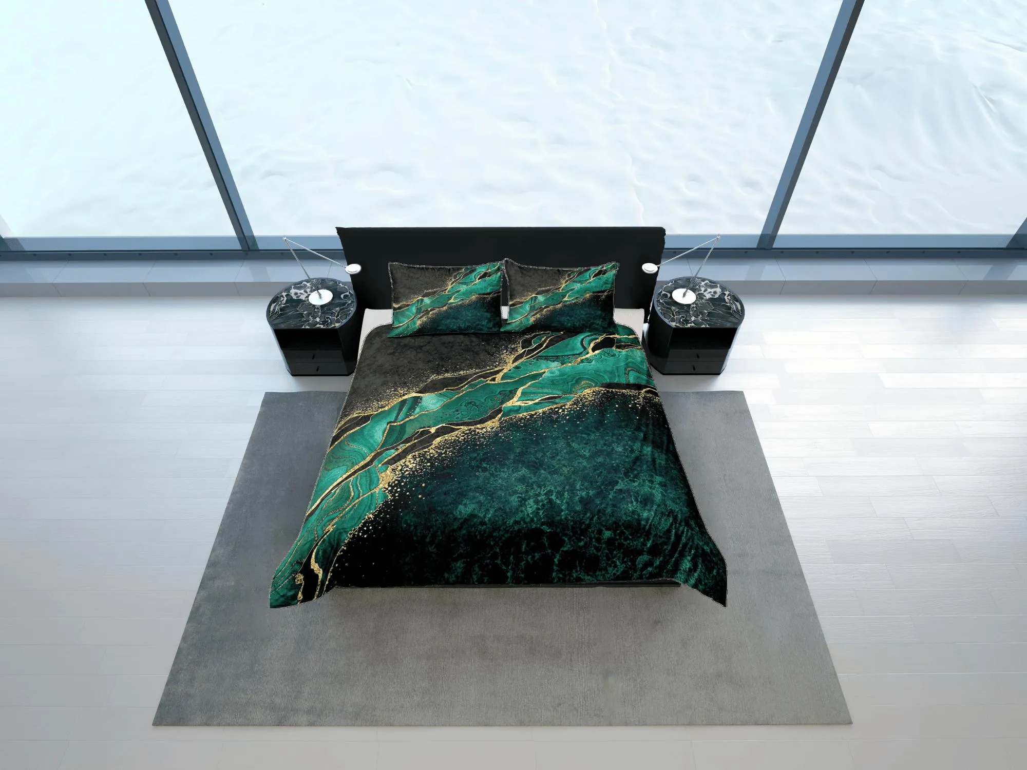 Contemporary bedroom set green aesthetic duvet cover, luxury duvet gold marble abstract art room decor boho chic bedding set full king queen