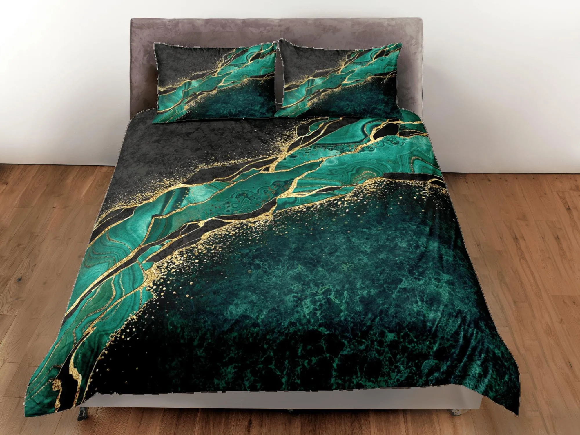 Contemporary bedroom set green aesthetic duvet cover, luxury duvet gold marble abstract art room decor boho chic bedding set full king queen