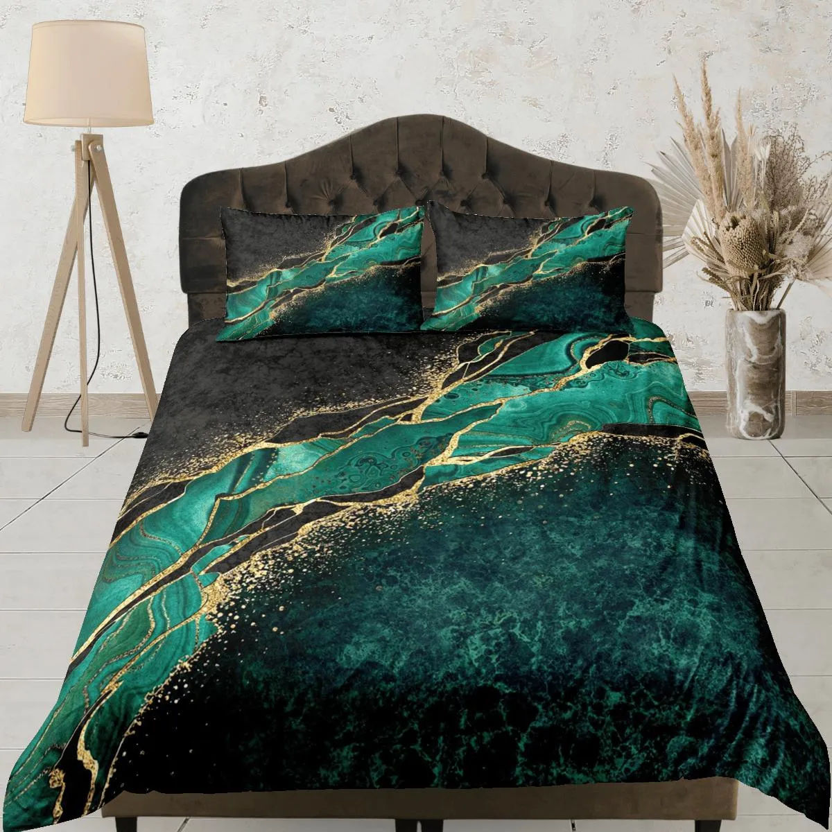 Contemporary bedroom set green aesthetic duvet cover, luxury duvet gold marble abstract art room decor boho chic bedding set full king queen