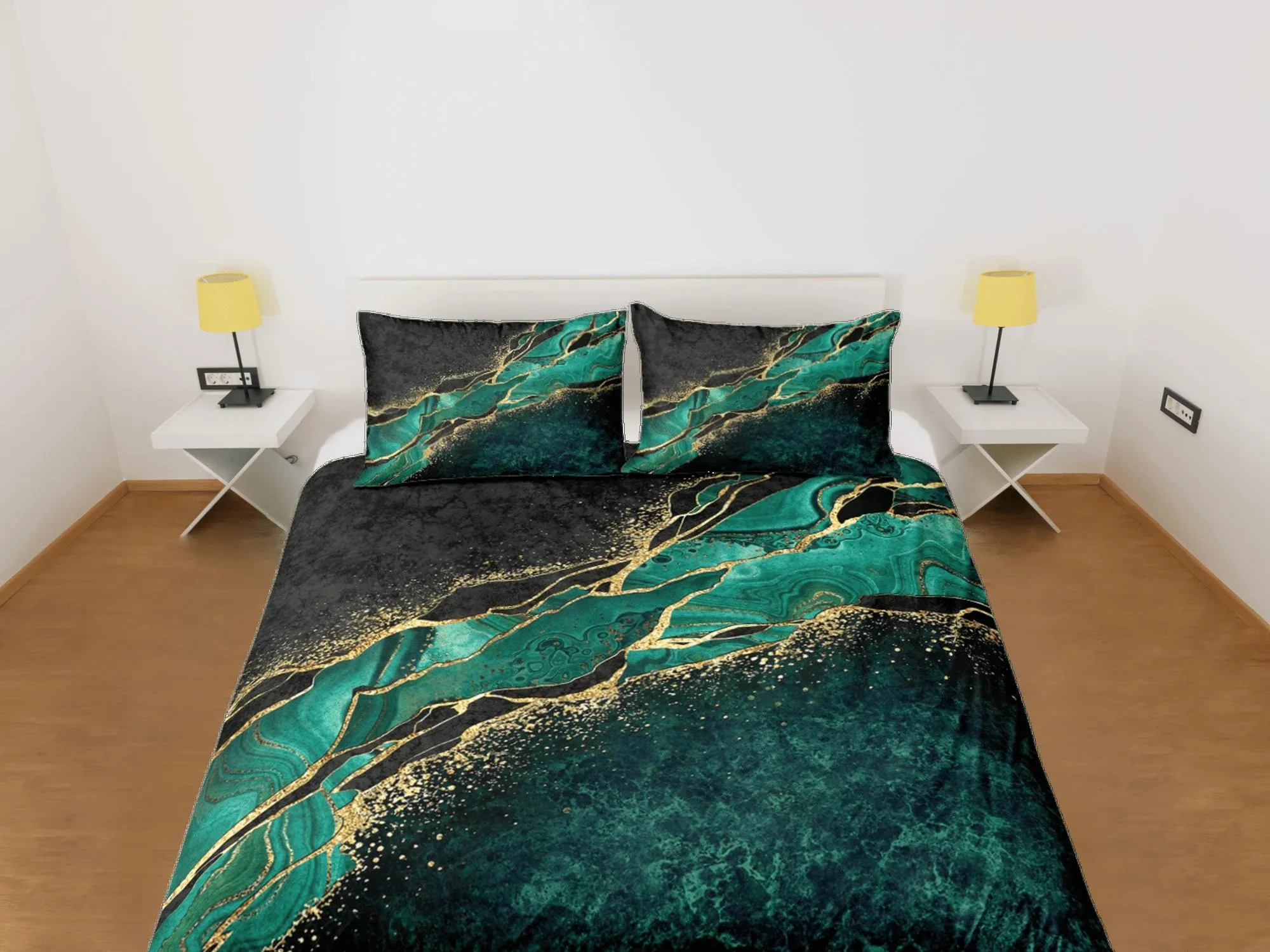 Contemporary bedroom set green aesthetic duvet cover, luxury duvet gold marble abstract art room decor boho chic bedding set full king queen