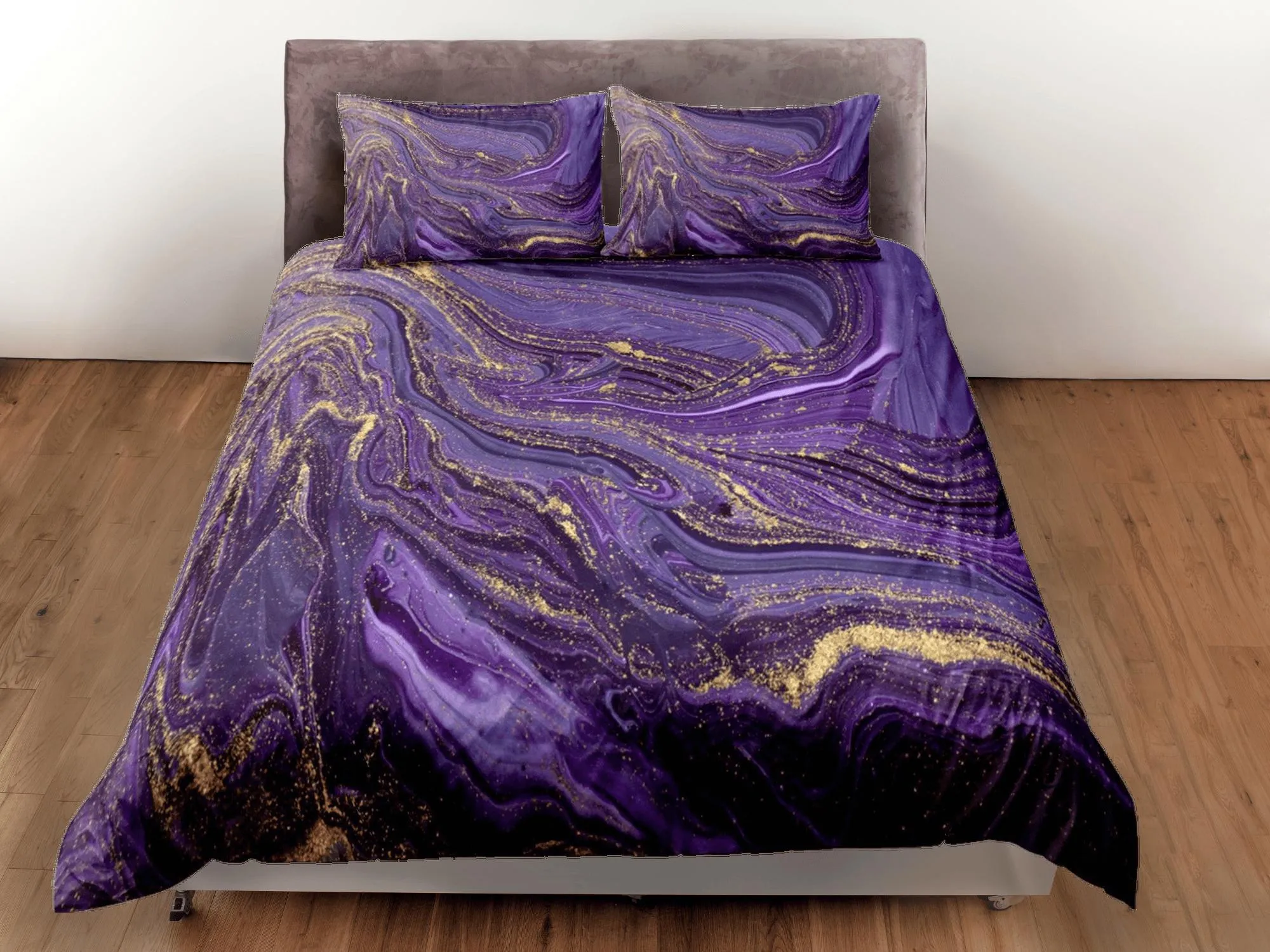 Contemporary bedroom set purple aesthetic duvet cover, luxury gold marble abstract art room decor boho chic bedding set full king queen