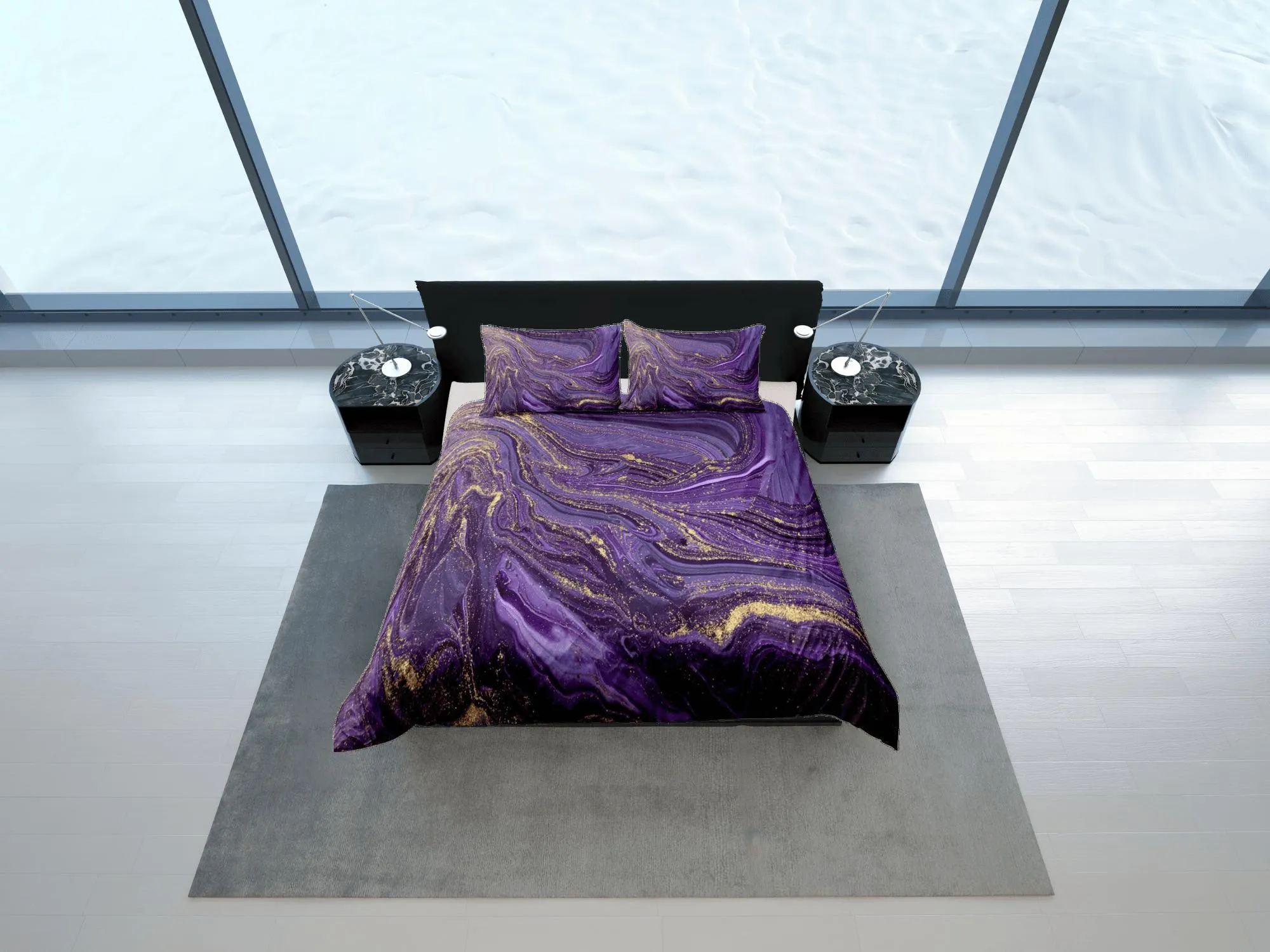 Contemporary bedroom set purple aesthetic duvet cover, luxury gold marble abstract art room decor boho chic bedding set full king queen