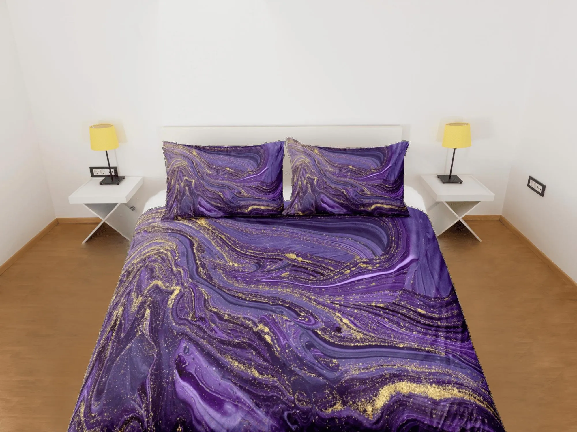 Contemporary bedroom set purple aesthetic duvet cover, luxury gold marble abstract art room decor boho chic bedding set full king queen