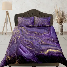 Contemporary bedroom set purple aesthetic duvet cover, luxury gold marble abstract art room decor boho chic bedding set full king queen