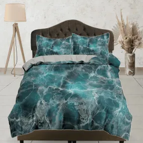 Contemporary bedroom set teal green aesthetic duvet cover, alcohol ink abstract art room decor boho chic bedding set full king queen