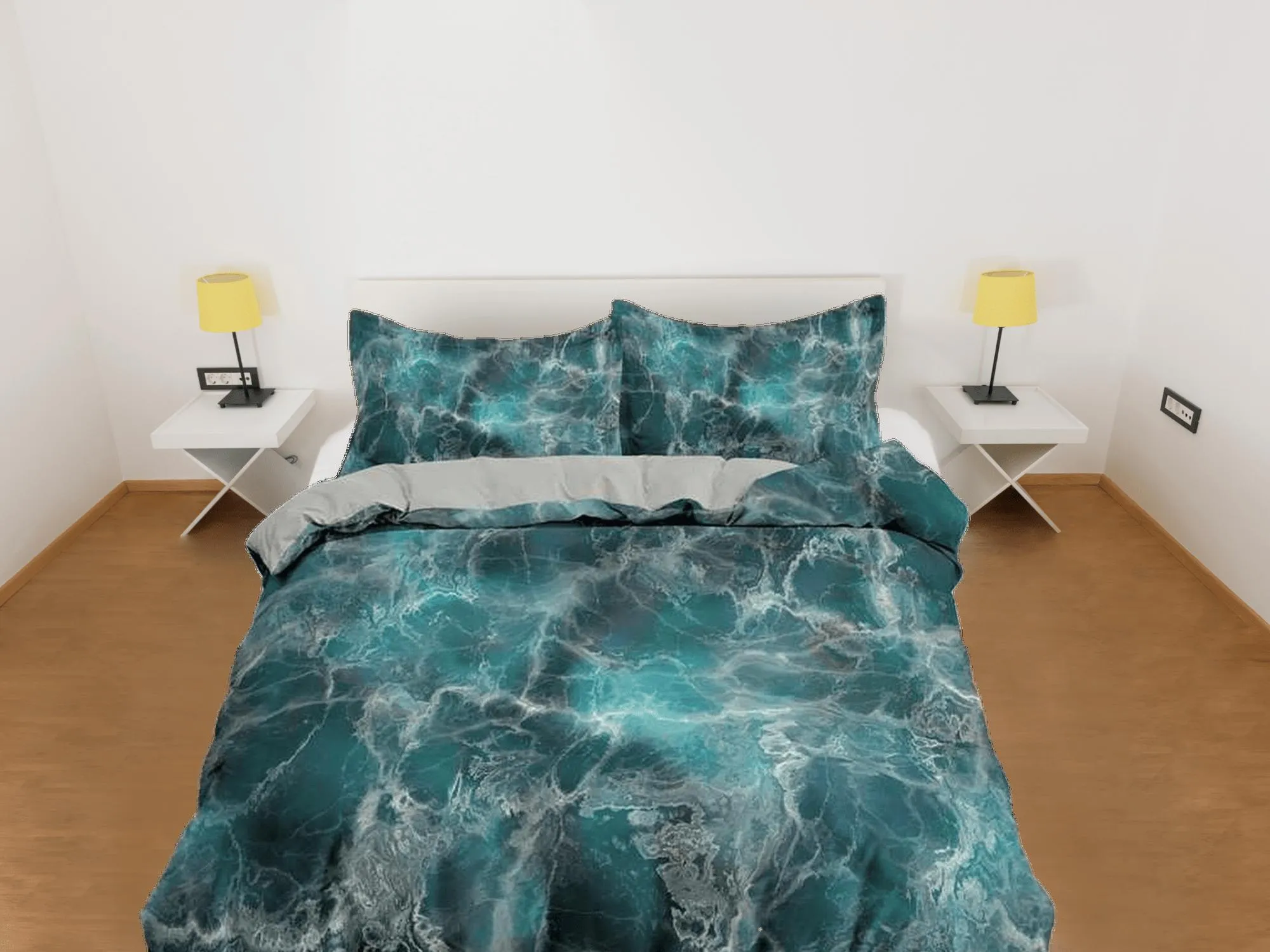 Contemporary bedroom set teal green aesthetic duvet cover, alcohol ink abstract art room decor boho chic bedding set full king queen