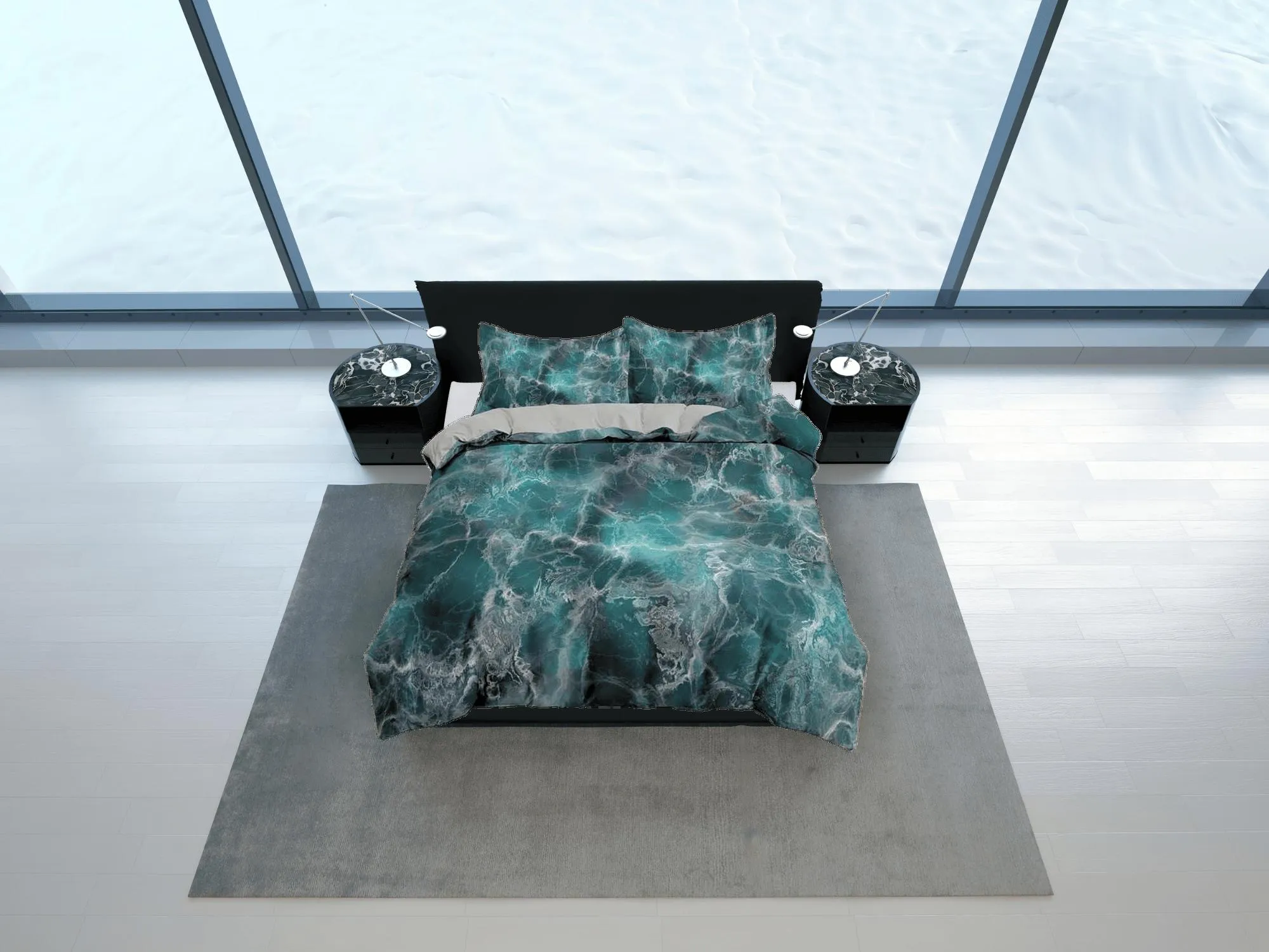 Contemporary bedroom set teal green aesthetic duvet cover, alcohol ink abstract art room decor boho chic bedding set full king queen