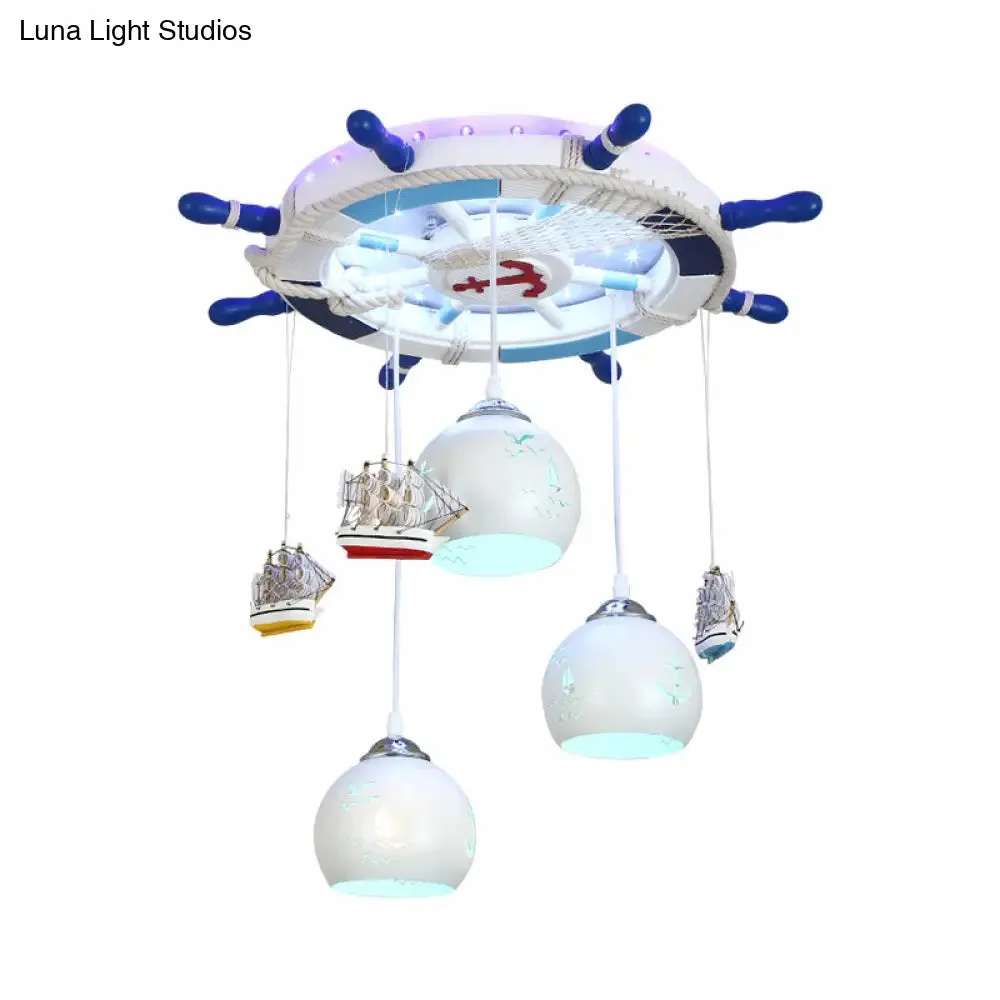 Contemporary White LED Flush Mount Fixture with Carved Glass Dome Shade and Metallic Rudder LED Light