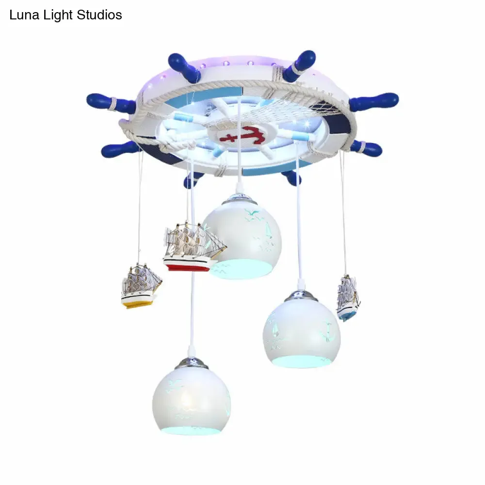 Contemporary White LED Flush Mount Fixture with Carved Glass Dome Shade and Metallic Rudder LED Light