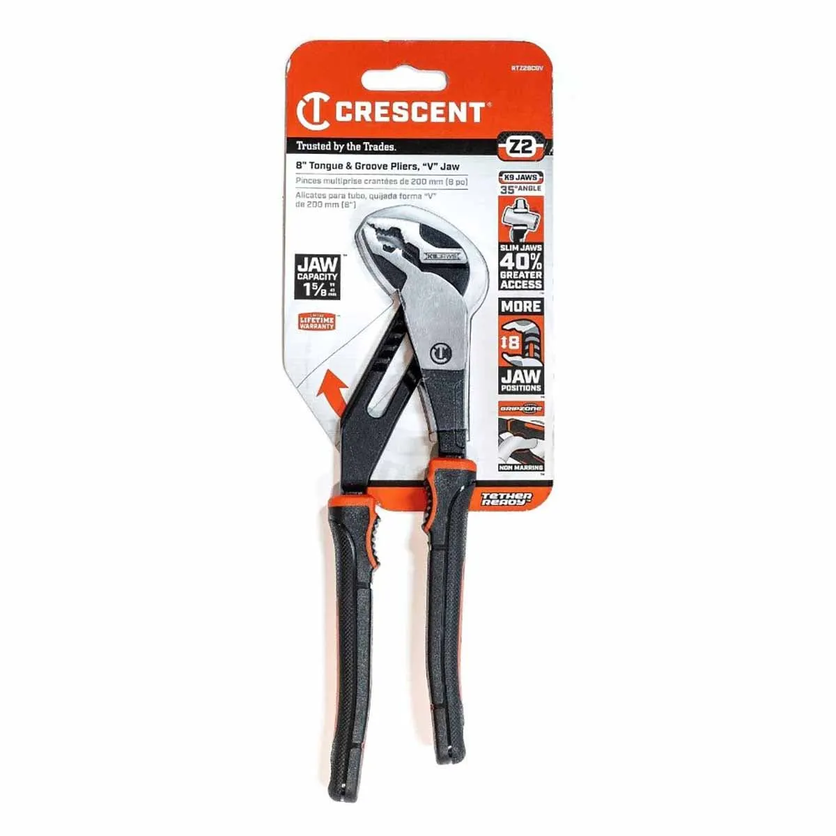 Crescent RTZ28CGV 8" Z2 K9™ V-Jaw Dual Material Tongue and Groove Pliers