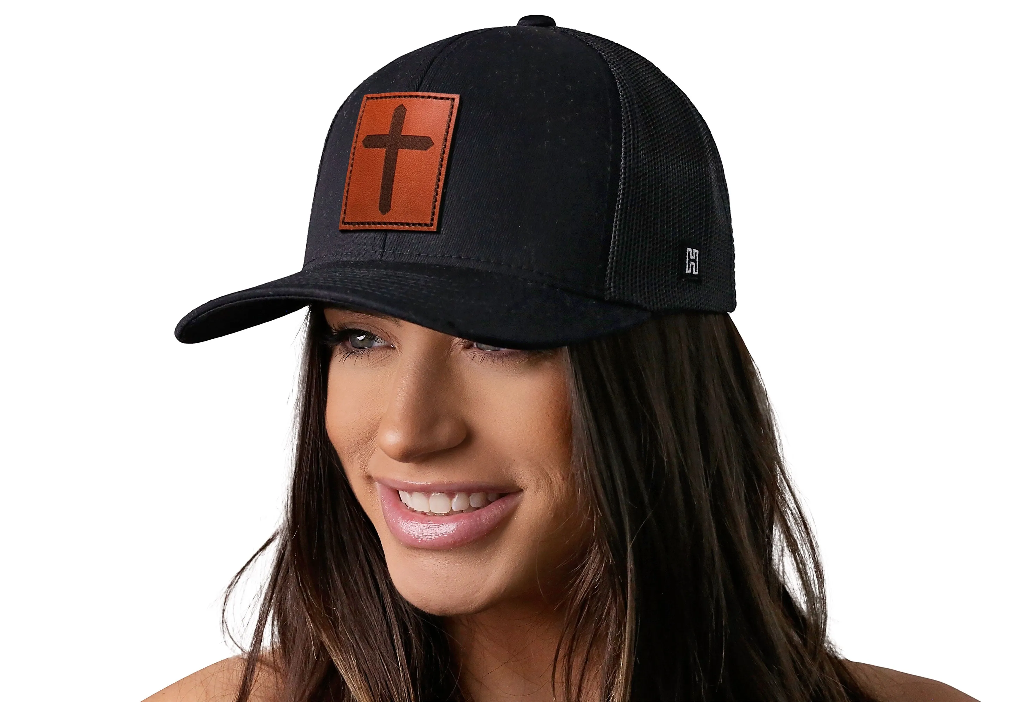 Cross Trucker Hat Rectangle Leather  |  Black Christian Snapback