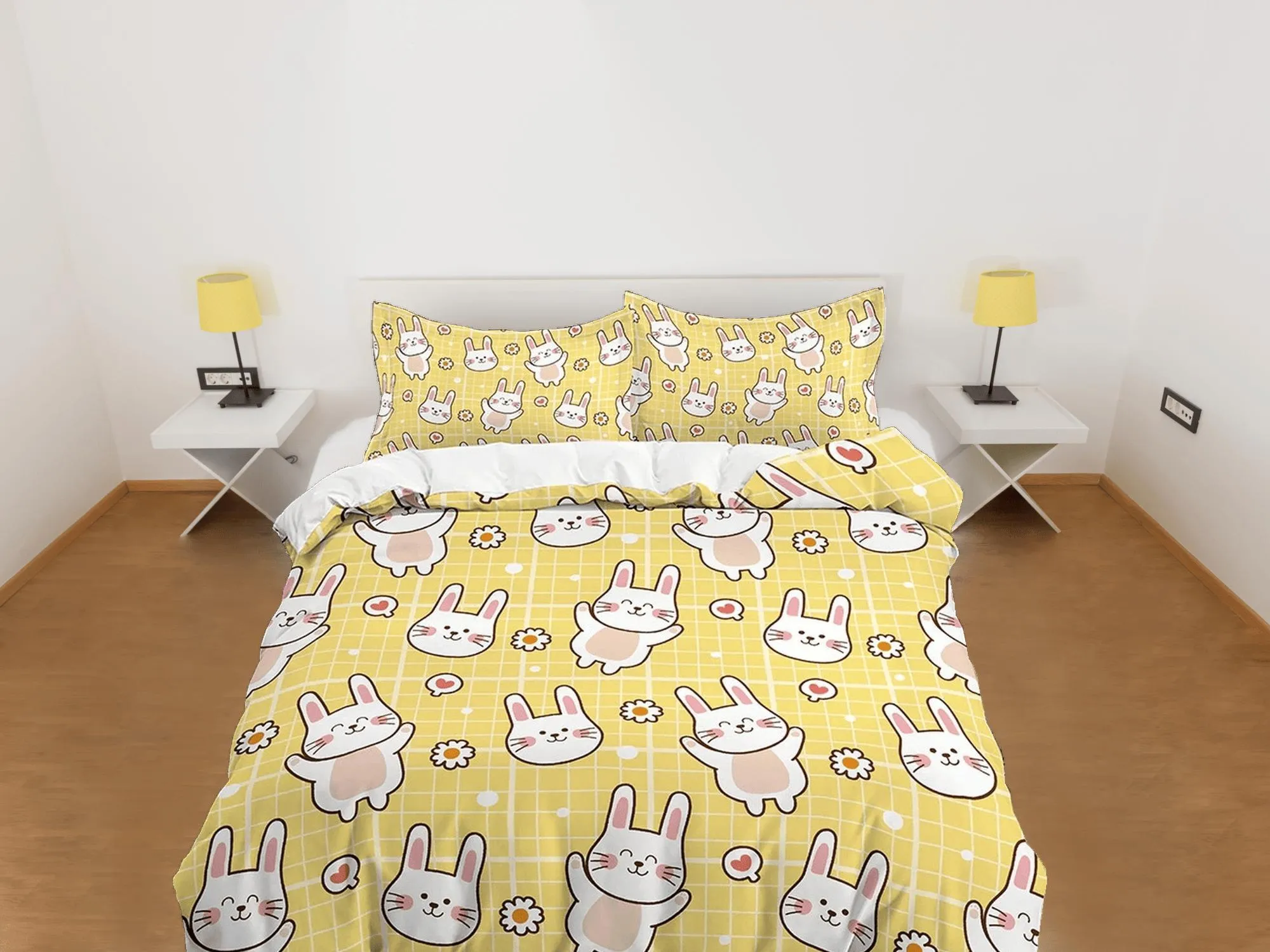 Cute Bunny Yellow Toddler Bedding, Unique Duvet Cover for Nursery Kids, Crib Bedding & Pillowcase, Baby Zipper Bedding, King Queen Full Twin