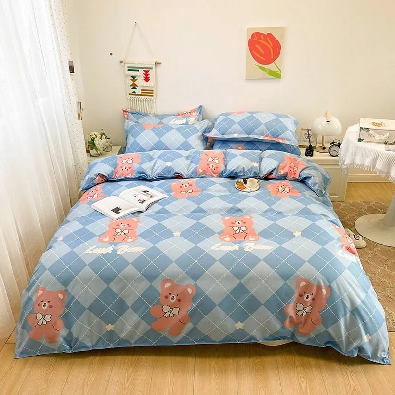 Cute Cartoon Bed Linen Set: Floral Print, Full Queen Size