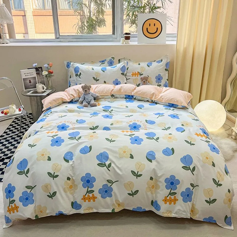 Cute Cartoon Bed Linen Set: Floral Print, Full Queen Size