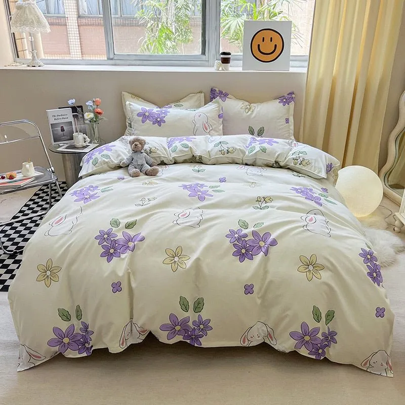 Cute Cartoon Bed Linen Set: Floral Print, Full Queen Size