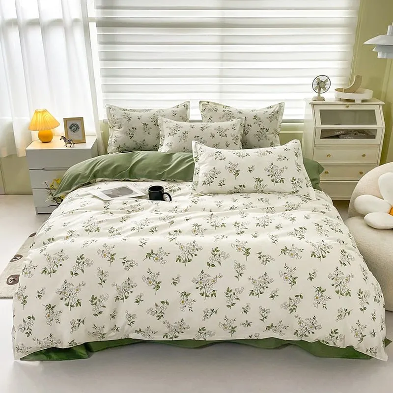 Cute Cartoon Bed Linen Set: Floral Print, Full Queen Size