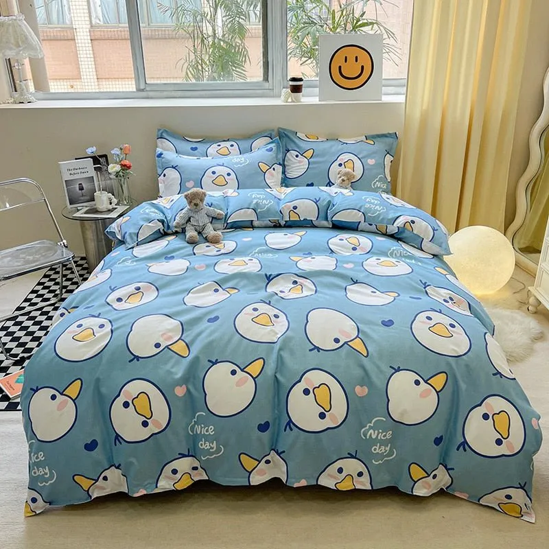 Cute Cartoon Bed Linen Set: Floral Print, Full Queen Size