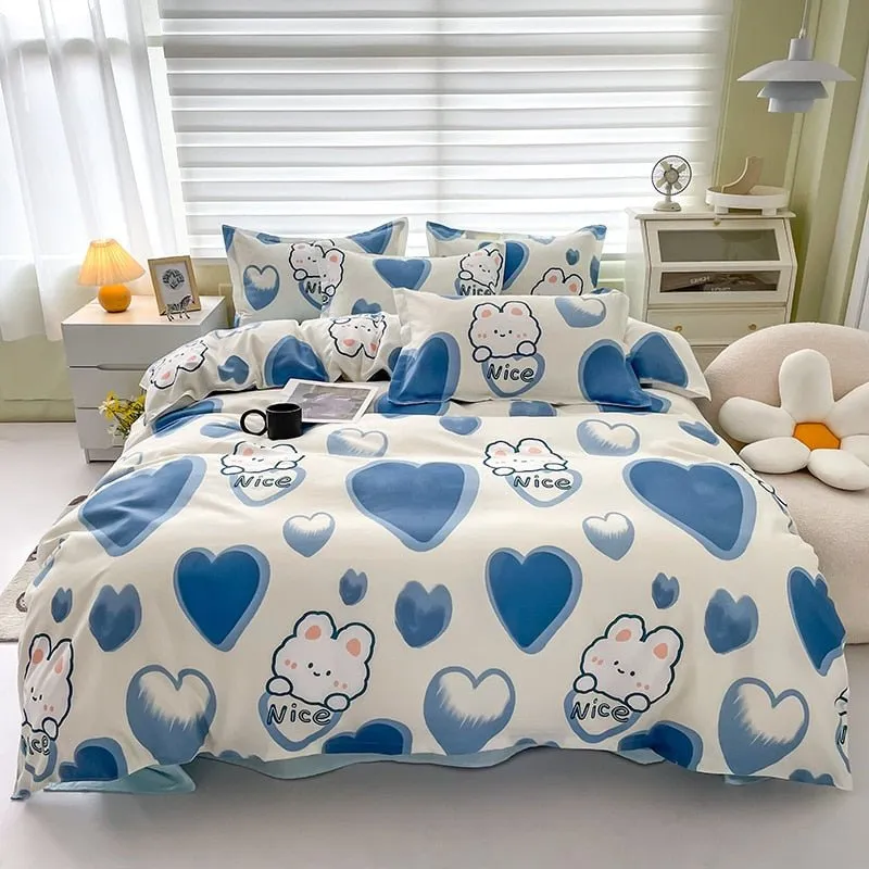 Cute Cartoon Bed Linen Set: Floral Print, Full Queen Size