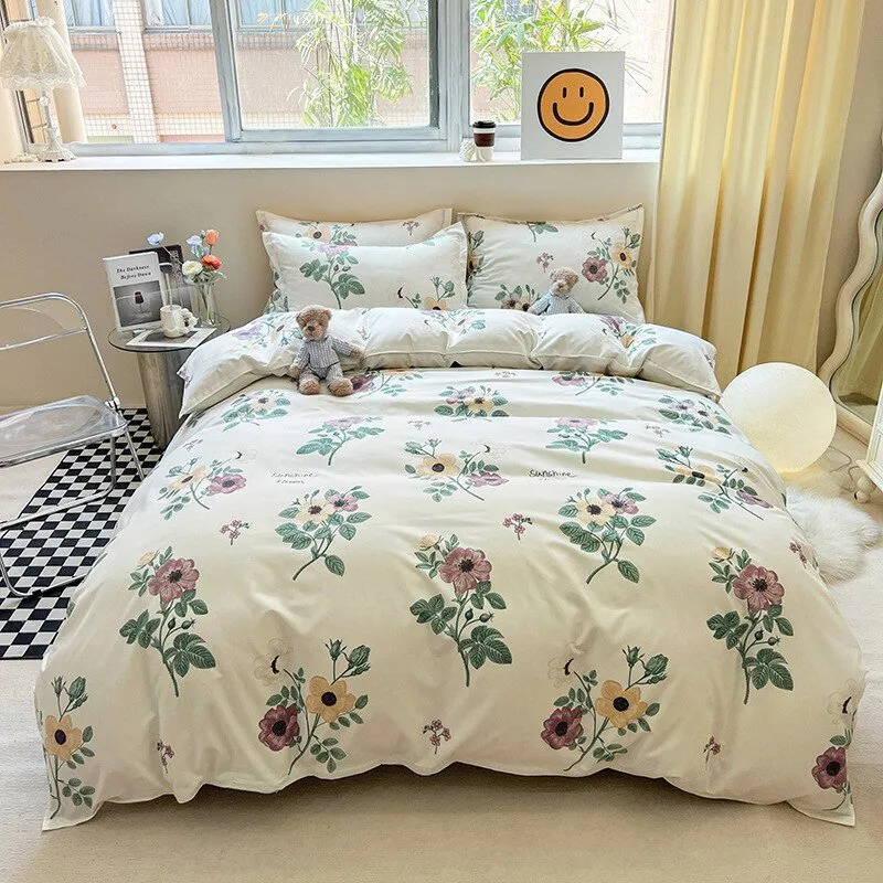 Cute Cartoon Bed Linen Set: Floral Print, Full Queen Size