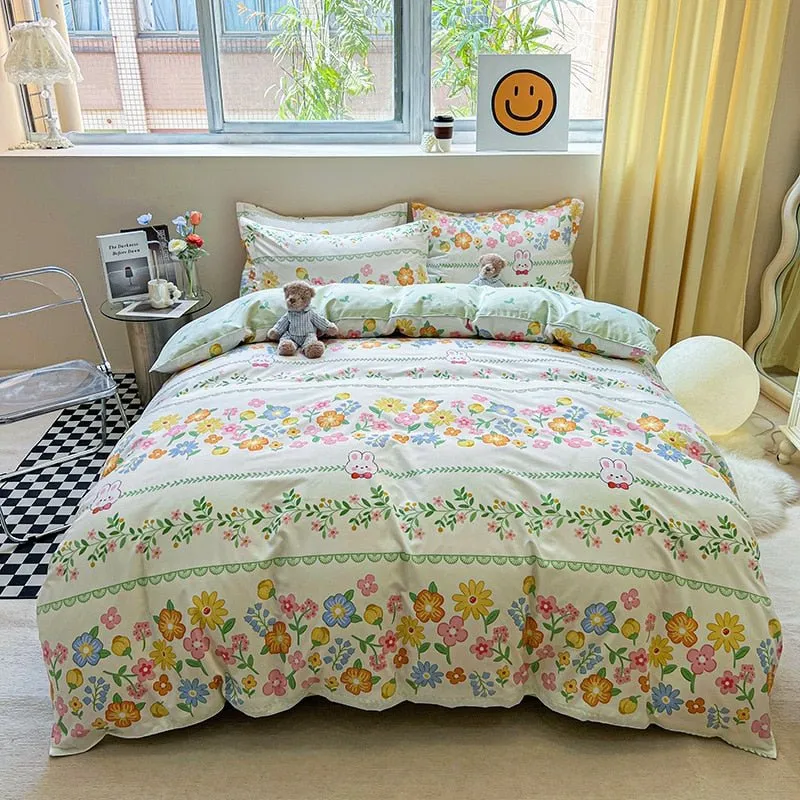 Cute Cartoon Bed Linen Set: Floral Print, Full Queen Size