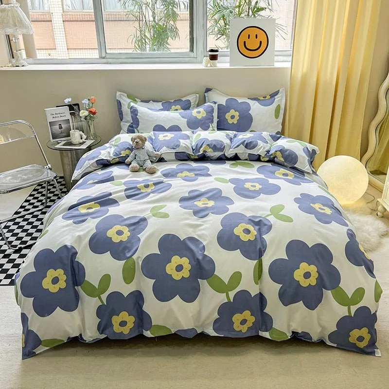 Cute Cartoon Bed Linen Set: Floral Print, Full Queen Size