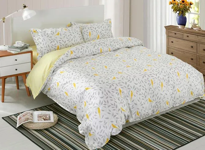 Designer Brocade Gray Leaves and Yellow Birds Pattern Luxury 4-Piece Cotton Bedding Sets