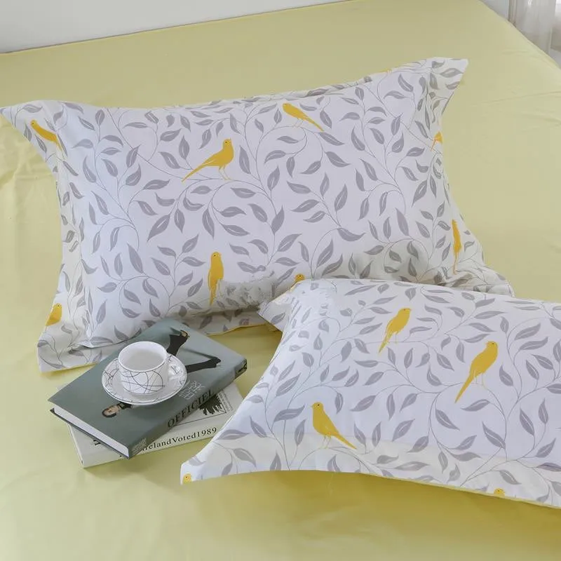 Designer Brocade Gray Leaves and Yellow Birds Pattern Luxury 4-Piece Cotton Bedding Sets