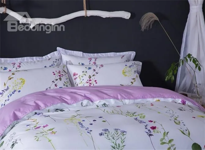 Designer Brocade Pastoral Floral Egyptian White Luxury 4-Piece Cotton Bedding Sets/Duvet Cover