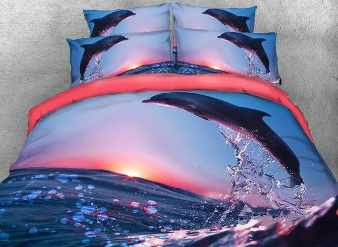 Dolphin Jumping at Sunset Printed Cotton Luxury 4-Piece Bedding Sets/Duvet Covers