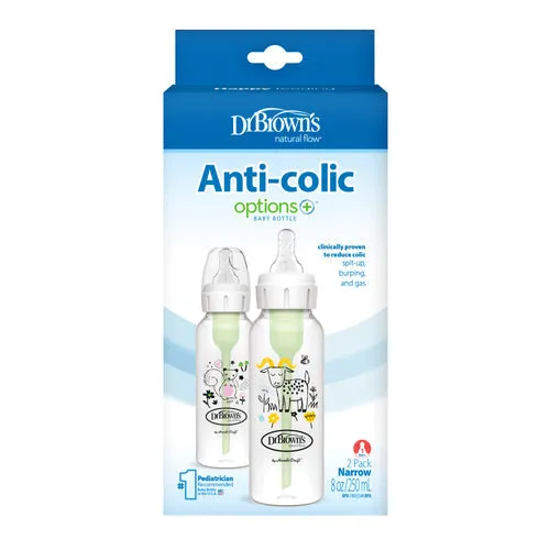 Dr. Brown’s Anti-Colic Options ™ Narrow Baby Bottle 8oz/250mL,Squirrel/ Goat, 2-Pack