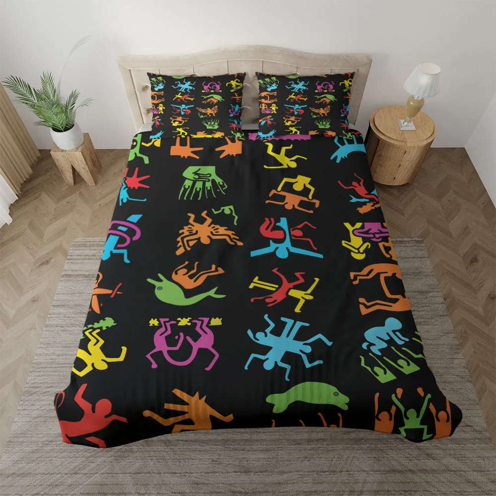 Duvet cover with matching Pillow cases | Luxury Bedding set | Twin, Queen, King Sizes | Harring Psychedelic Stick Figures