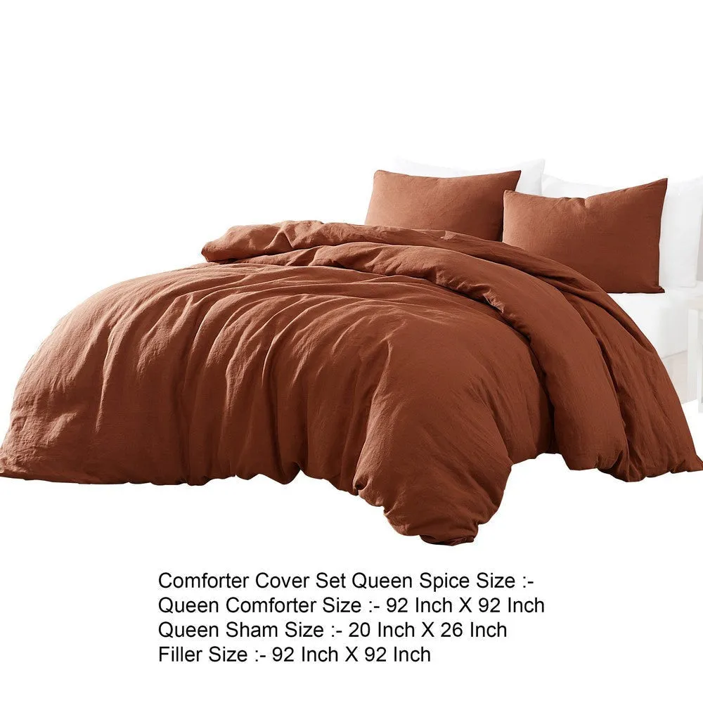 Edge 4 Piece Queen Size Duvet Comforter Set, Washed Linen, Rust Orange By Casagear Home