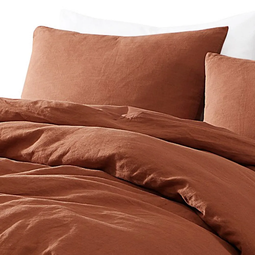 Edge 4 Piece Queen Size Duvet Comforter Set, Washed Linen, Rust Orange By Casagear Home