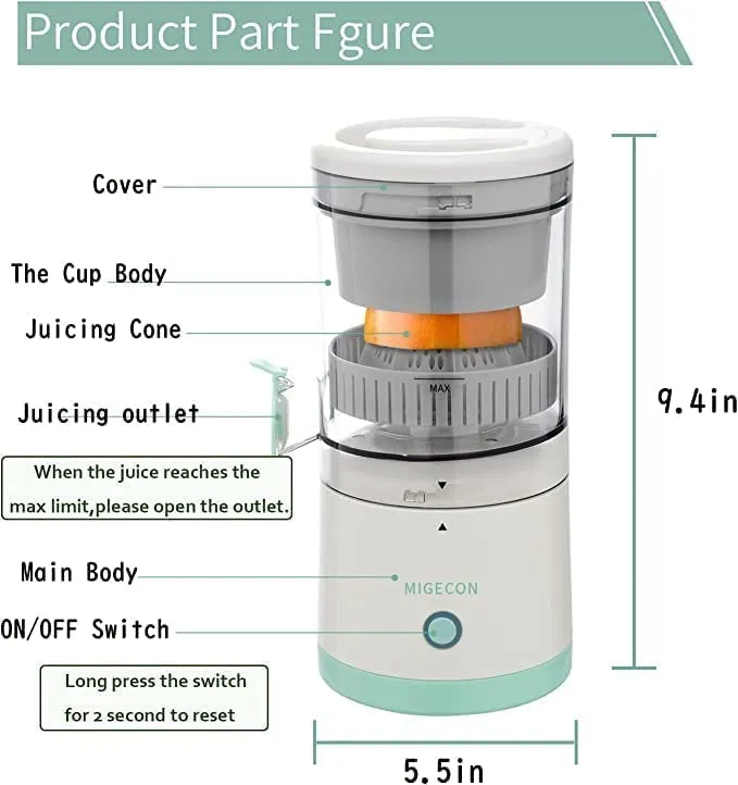 Electric Juicer Orange Squeezer Citrus Press Lemons, Portable USB Charging Electric Juicer Wireless Fruit Juicer High Juice Yield Direct for Kitchen, Travel