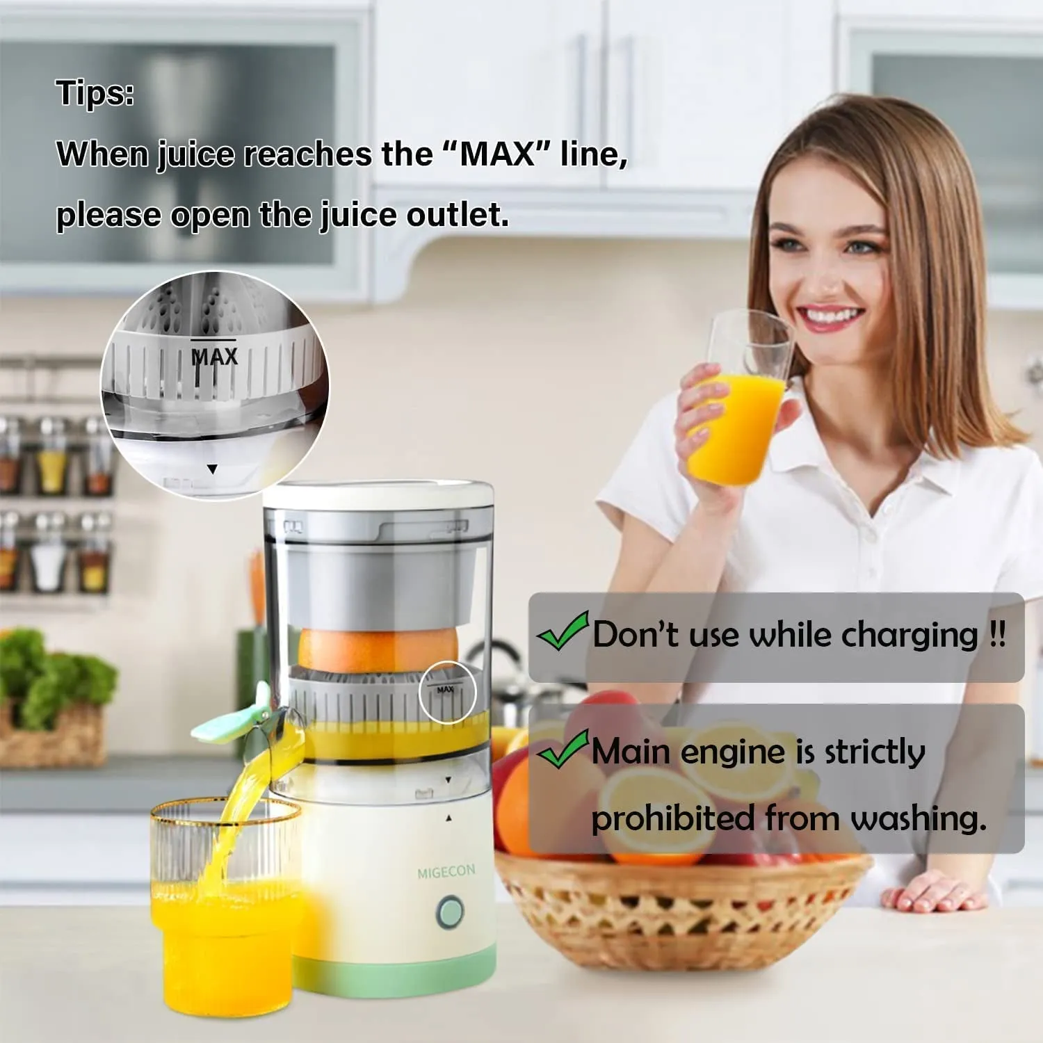 Electric Juicer Orange Squeezer Citrus Press Lemons, Portable USB Charging Electric Juicer Wireless Fruit Juicer High Juice Yield Direct for Kitchen, Travel