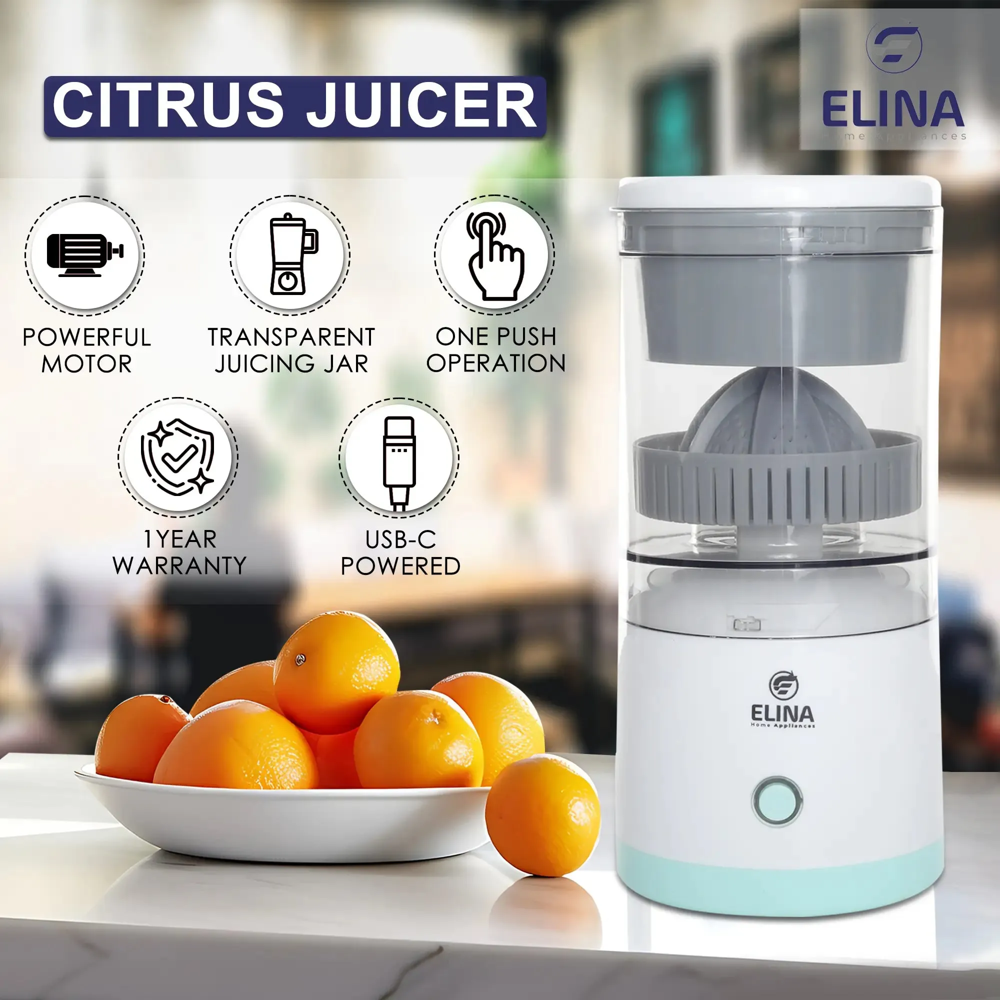 Elina USB Rechargeable Portable Citrus Slow Juicer, White