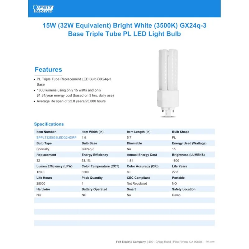 Feit LED Linear PL GX24Q-3 4-Pin LED Bulb Bright White 32 Watt Equivalence 1 pk