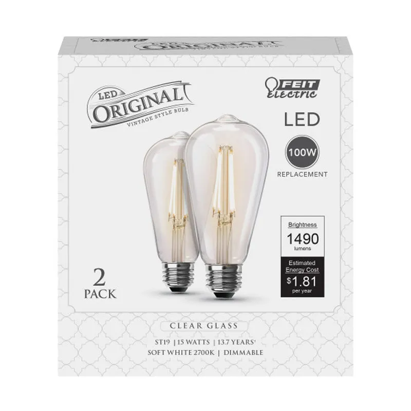 Feit ST19 E26 (Medium) Filament LED Bulb Soft White 100 Watt Equivalence 2 pk