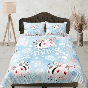 Funny Cow Blue Duvet Cover Set Colorful Bedspread, Kids Full Bedding Set with Pillowcase, Comforter Cover Twin