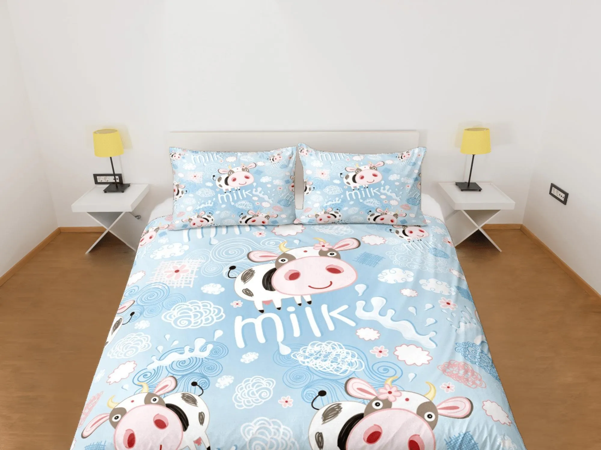 Funny Cow Blue Duvet Cover Set Colorful Bedspread, Kids Full Bedding Set with Pillowcase, Comforter Cover Twin