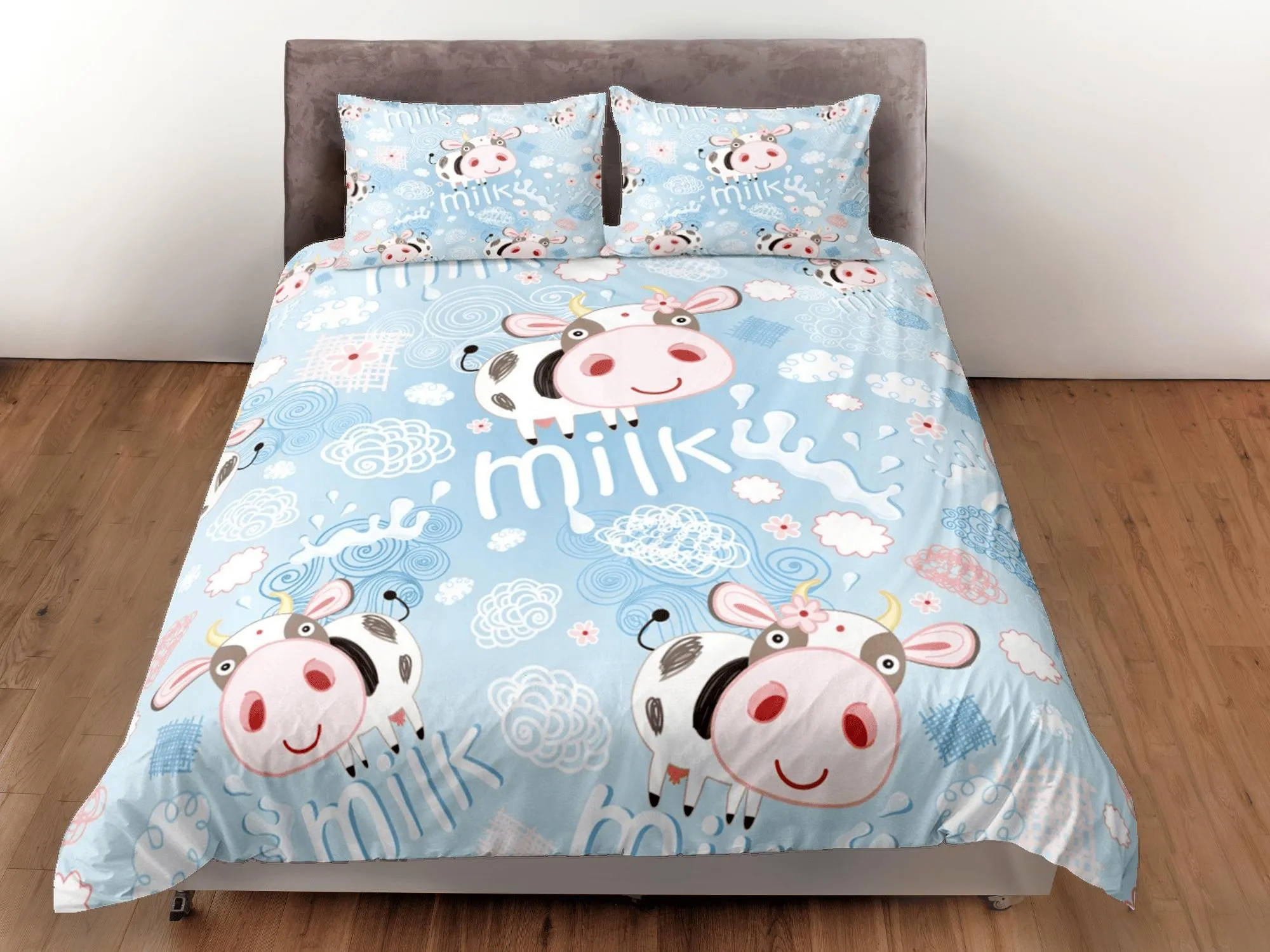 Funny Cow Blue Duvet Cover Set Colorful Bedspread, Kids Full Bedding Set with Pillowcase, Comforter Cover Twin