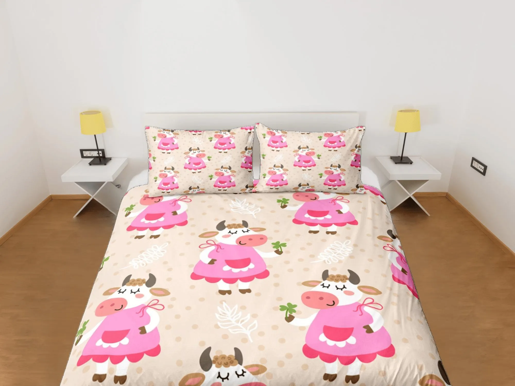 Girly Cow Pink Beige Duvet Cover Set Colorful Bedspread, Kids Full Bedding Set with Pillowcase, Comforter Cover Twin