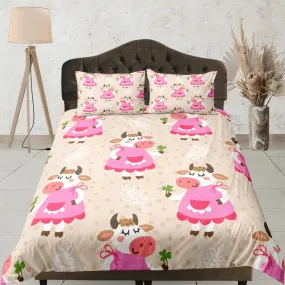 Girly Cow Pink Beige Duvet Cover Set Colorful Bedspread, Kids Full Bedding Set with Pillowcase, Comforter Cover Twin