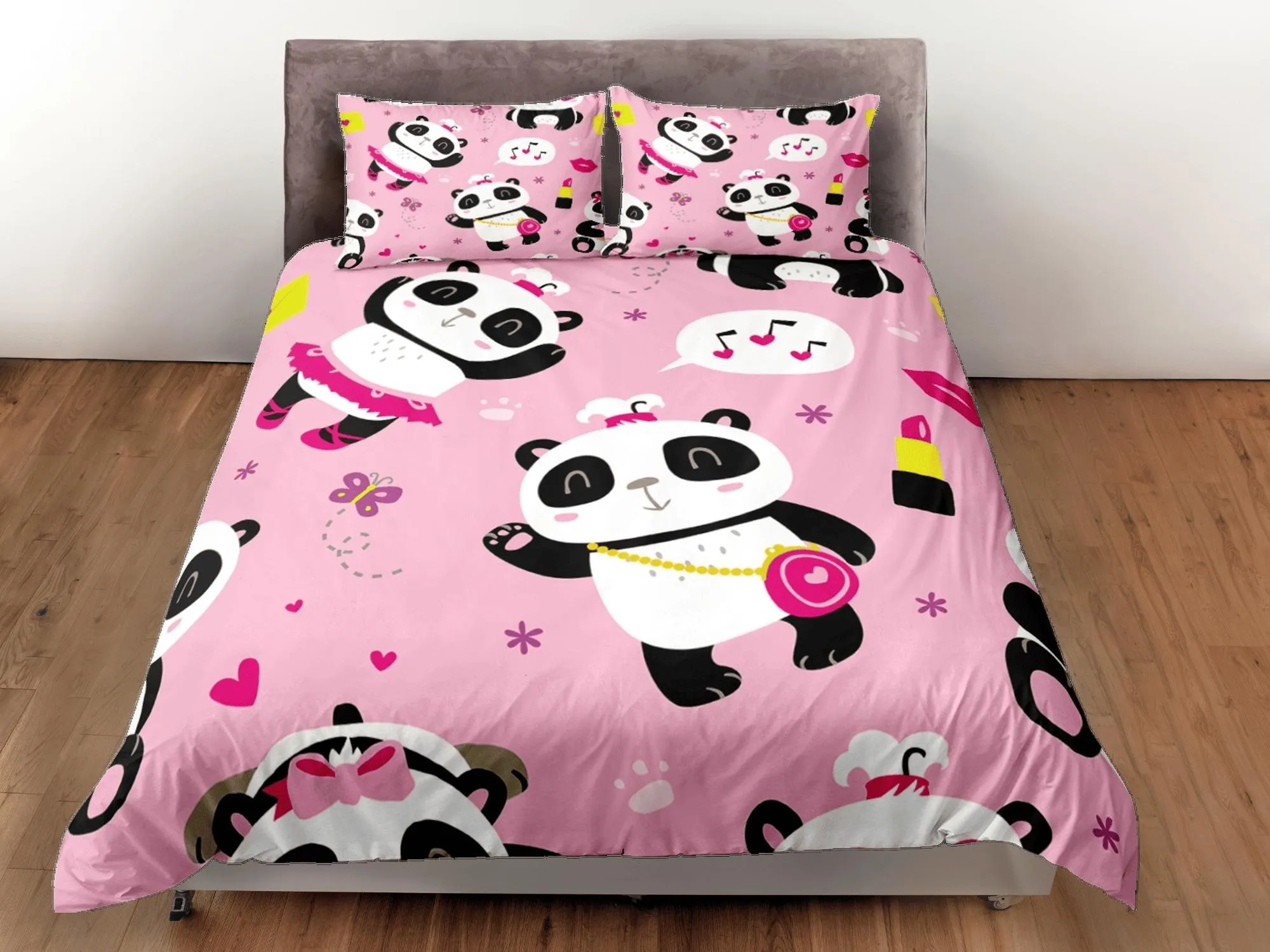 Girly panda pink duvet cover for kids, bedding set full, king, queen, dorm bedding, toddler bedding, aesthetic bedspread, panda lovers gift