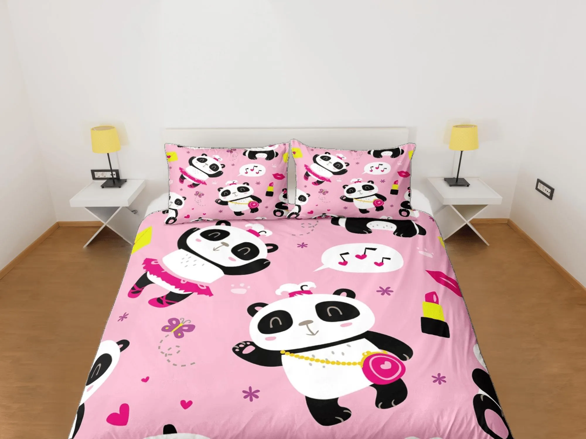 Girly panda pink duvet cover for kids, bedding set full, king, queen, dorm bedding, toddler bedding, aesthetic bedspread, panda lovers gift