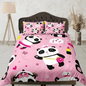 Girly panda pink duvet cover for kids, bedding set full, king, queen, dorm bedding, toddler bedding, aesthetic bedspread, panda lovers gift