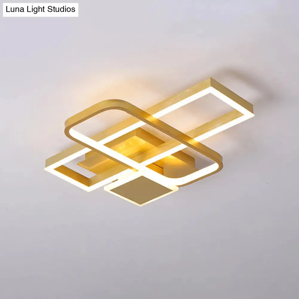 Gold Crisscrossed Rectangle Flush Light Acrylic LED Ceiling Lamp - Modernist Design, 20.5"/34" Wide, Warm/White Light Options