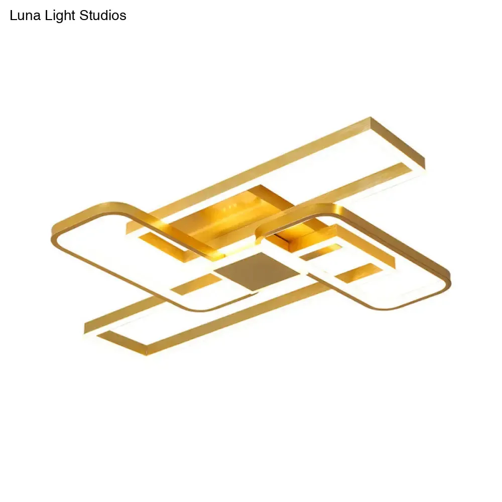 Gold Crisscrossed Rectangle Flush Light Acrylic LED Ceiling Lamp - Modernist Design, 20.5"/34" Wide, Warm/White Light Options