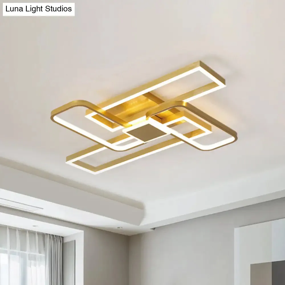 Gold Crisscrossed Rectangle Flush Light Acrylic LED Ceiling Lamp - Modernist Design, 20.5"/34" Wide, Warm/White Light Options